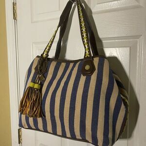 Big Buddha navy Blue &Beige stripes Fabric Large Tote Bag synthetic brown straps